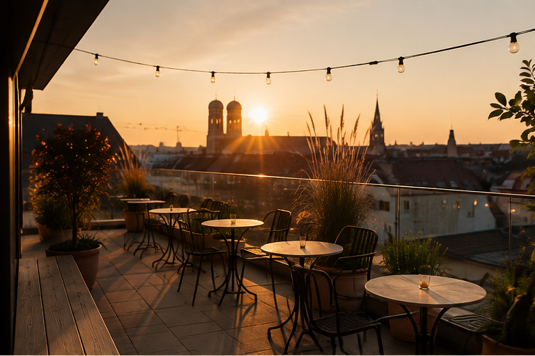 Die Dachterrasse des Penthaus in der Dämmerung über München